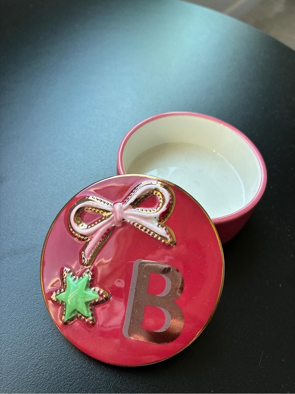 Anthropologie B Monogram Red Ceramic Trinket Box with bow and star Gold accents